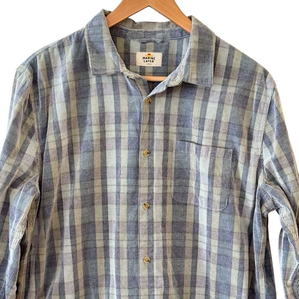 Marine Layer Plaid Corduroy Lightweight Long Sleeve Button Front Shirt Sz Large - Picture 2 of 7